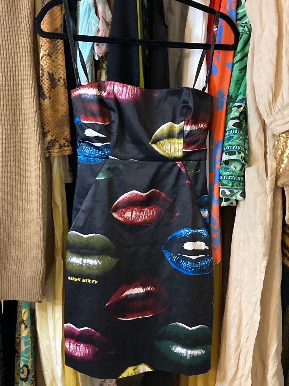 Miss Sixty Black Strapless Mini Dress with Multicolor Lip Prints